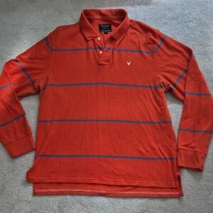 American Eagle Outfitters Orange Polo with Blue Stripes
